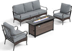 Patio Furniture Set with 56" Fire Pit Table, Premium Outdoor Wicker Metal Frame Furniture with Upgraded Waterproof Thick Cushions for Porch, Poolside, Deck, and Yard （4 Pieces,Grey