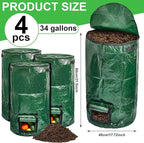 Ctosree 4 Pieces Compost Bin Bags Large 34 Gallon Reusable Yard Waste Lawn Bags Heavy Duty Garden Composting Garbage Can Outdoor Container with Zipper Lid and Handles for Loading Leaf Trash