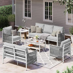 Aluminum Outdoor Patio Furniture Set, HDPE Rope 5 Piece Modern Sectional Conversation Sets with Dual-Layer Coffee Table, All Weather Patio Couch Sofa with Thick Cushions, White Frame, White