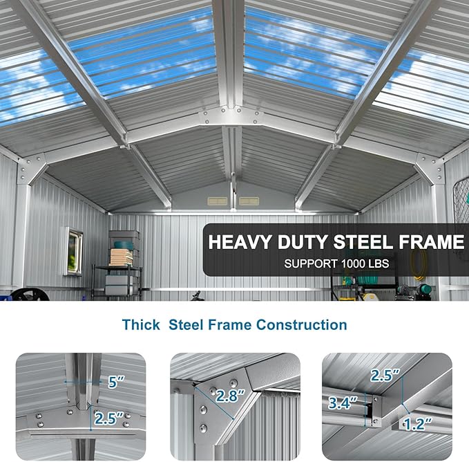 Metal Storage Shed 10x12 FT Reinforced Frame with Unique Clear Roof Skyview Windows Air Vents Door for Outside Garden Patio Lawn Backyard to Store Bikes,Lawnmower,Garage,Dark Grey Large