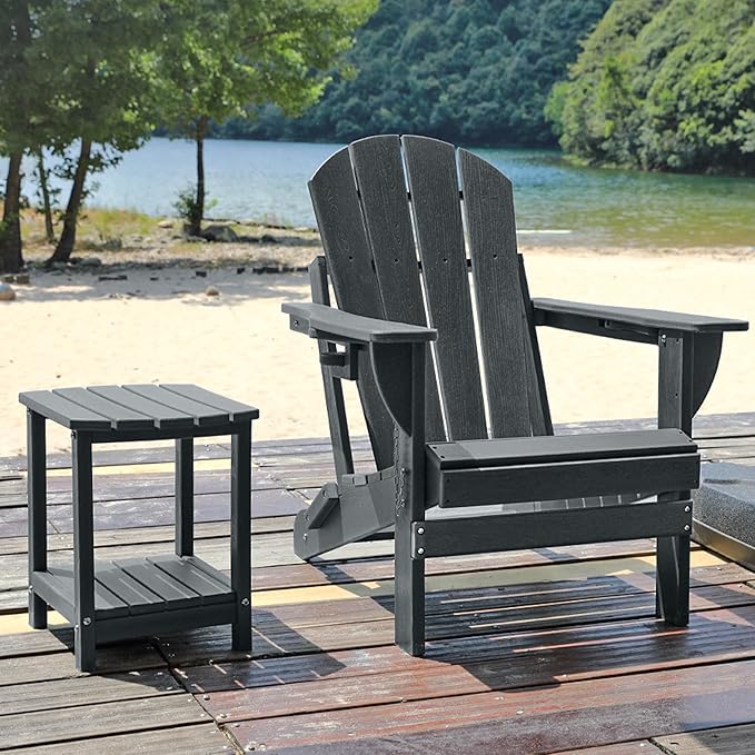 Folding Adirondack Chair, HDPE Outdoor Texture Lawn Chair with Reclining Back, Cup and Phone Holder - Comfortable Firepit Chair Weather Resistant for Patio or Backyard (Grey, Set of 1)
