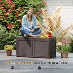 RELAX4LIFE 100-Gallon Resin Deck Box - Waterproof Outdoor Storage Box Container w/Lockable Lid & Wheels, Faux Rattan Porch Bench for Patio Furniture Cushions, Pool Accessories, Garden Tools (Brown)
