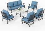 6 Piece Metal Outdoor Patio Furniture Set, Patio Conversation Set 1 3-Seater Sofa, 2 Rocking Chair, 2 Leg Chair with 5.75" Thick Cushion and Coffee Table, Backyard Furniture Set, Navy