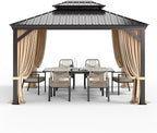 10'x12' Hardtop Aluminum Gazebo, Permanent Outdoor Canopy with Galvanized Steel Double Roof Heavy Duty Pavilion with Curtains and Netting for Garden Patio Lawn Deck