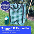 DURASACK Heavy Duty Home and Yard Bags 48-Gallon Reusable Self-Standing Lawn and Leaf Bags Garbage Can with Reinforced Handles, Gingham Green, 3 Pack