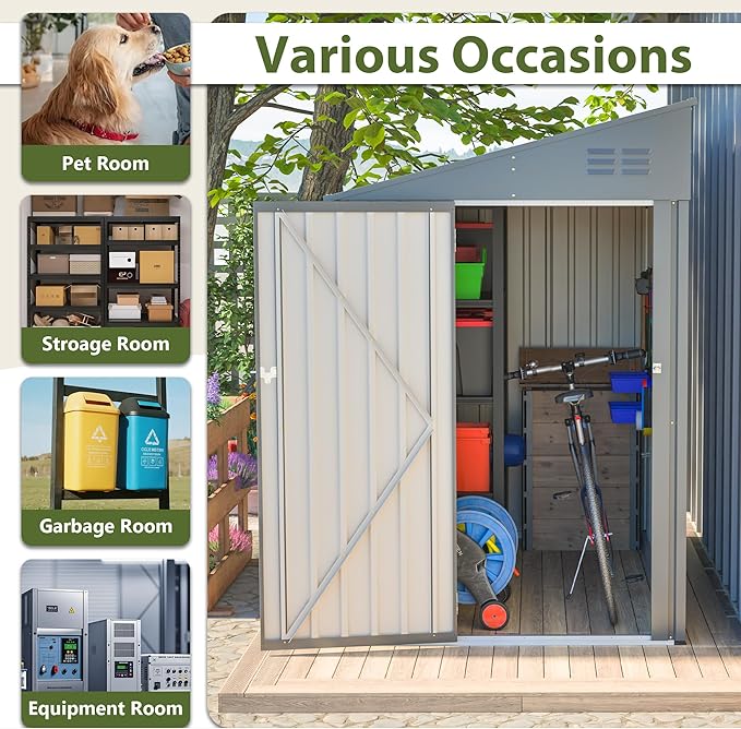 4 × 7 FT Lean to Storage Shed, Outdoor Metal Wall Side Bike Mower Sheds & Outdoor Storage Cabinet, Lockable Tool Organization Shed for Garden Patio