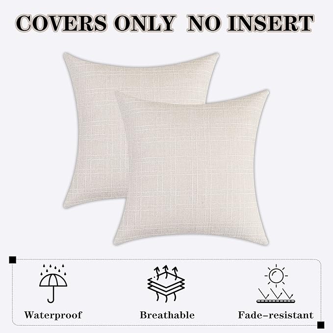 Kevin Textile Pack of 2 Outdoor Waterproof Throw Pillow Covers Decorative Farmhouse Checkered Square Solid Cushion Cases for Patio Garden Porch Sofa Light Beige 18x18 inch