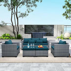 Patio Furniture Set, 5-Piece Outdoor Wicker Conversation Set with All-Weather PE Rattan, Anti-Slip Cushions & Ottomans, Sectional Sofa for Patio, Balcony & Deck, Peacock Blue