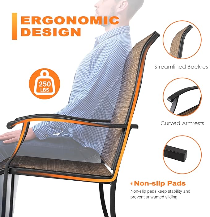 NUU GARDEN Patio Dining Chairs Set of 2, Indoor/Outdoor Textilene Dining Chairs with High Back, Patio Furniture Chairs with Armrest, Iron Frame and Textilene Chairs,Black&Brown