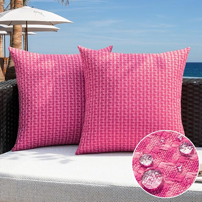 Kevin Textile Outdoor Waterproof Throw Pillow Covers Pack of 2 Farmhouse Decorative Cushion Covers for Garden Patio Tent Balcony Bench Couch Sofa 24x24 Inch, Hot Pink