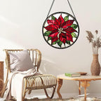 Stained Glass Window Hanging - Red Poinsettia Birth Flower Suncatcher for Door Garden Yard Sun Catchers Decor Christmas Mother's Day Birthday Gifts for Women Mom Nana Friend Men 15 in