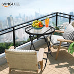 VINGLI Folding Glass Outdoor Side Table, 23.6 Inches Small Foldable Patio Bistro Table with Tempered Glass Table Top for Lawn & Garden, Balcony, Porch and Pool, Round