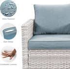 Rilyson Wicker Outdoor Patio Furniture Set - 6 Piece Patio Conversation Set with 2 Armrest Chairs,2 Rattan Ottoman,1 Couch and 1 Metal Side Table for Outside Porch Deck Backyard(Light Grey/Sky Blue)