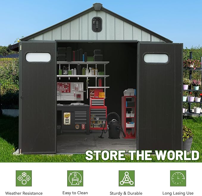 6X4FT Outdoor Resin Storage Shed, Waterproof Plastic Garden Shed with Lockable Door, Windows & Vents, Outside Storage Tool Shed for Patio Furniture, Lawn Mower, Bike