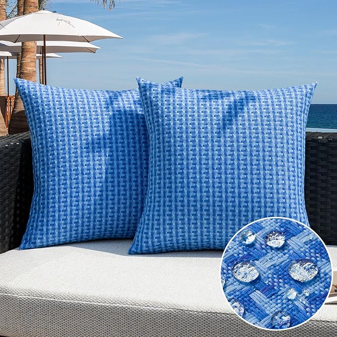 Kevin Textile Outdoor Waterproof Throw Pillow Covers Pack of 2 Farmhouse Decorative Cushion Covers for Garden Patio Tent Balcony Bench Couch Sofa 20x20 Inch, Blue