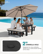 SERWALL Patio Dining Set for 4, Outdoor Dining Sets for 4 Person with 1 Umbrella Hole Cut-Out Rectangular Table and 2 Benches, HDPE Dining Sets for Garden, Backyard, Poolside, Black