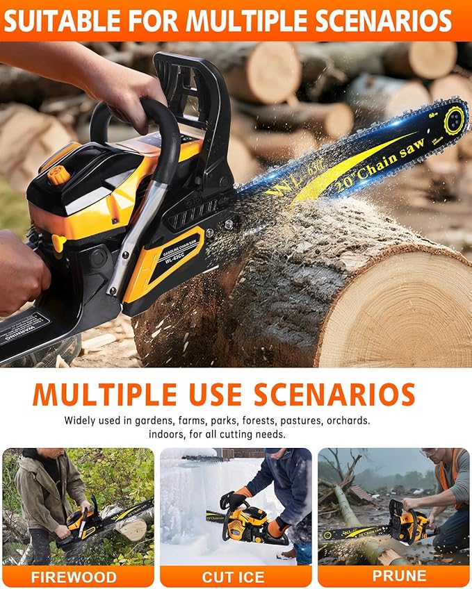 63cc Gas Powered Chainsaw, 3.2KW/3.2HP 2-Cycle Engine, 20-Inch Guide Bar, Professional Power Saw with CDI Ignition, Automatic Oiler & Anti-Vibration System for Heavy-Duty Use