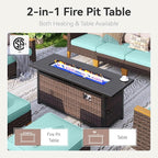 GREEN PARTY 7 Pieces Wicker Patio Furniture Set with 56" Fire Pit Table, All-Weather Outdoor Rattan Patio Half-Moon Curved Sectional Sofa Conversation Set with 4" Thick Cushions for Backyard (Blue)