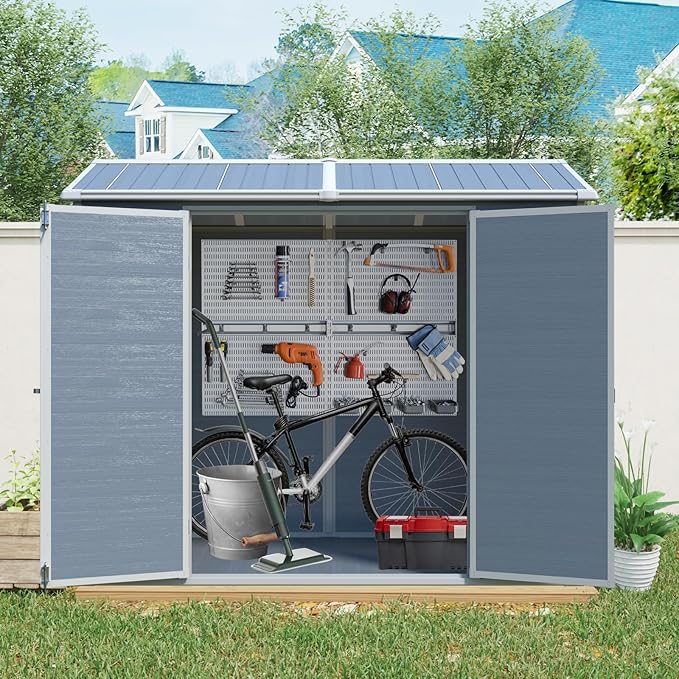 8x4ft Outdoor Storage Shed with Two-Window and Lockable Door, Resin Plastic Shed with Floor for Gargen, Patio, Yard, Lawn, Light Grey