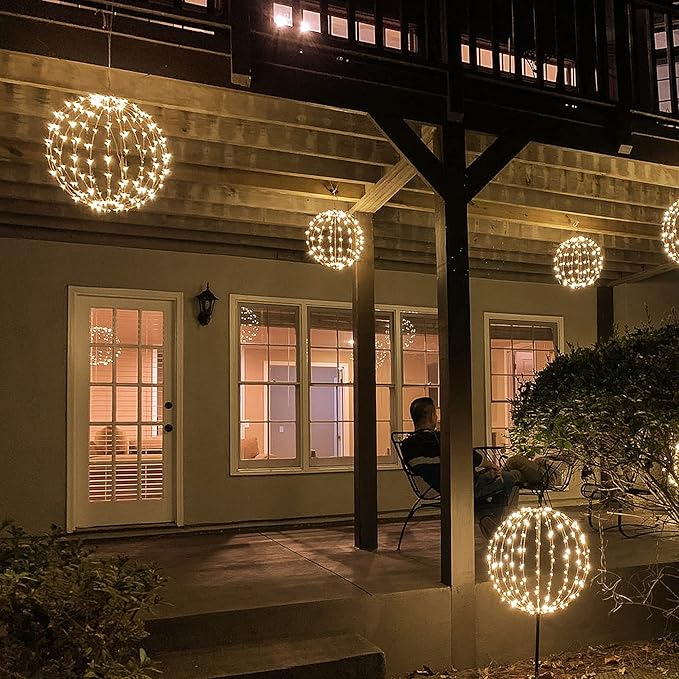 LIGHTSHARE 10IN 48LED Light Ball Yard Decoration Pathway Lights Sphere Light with Fold Flat Metal Frame Indoor Outdoor Waterproof Garden Lights, White Frame / Warm White Lights, 10