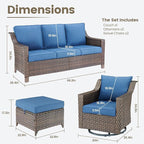 Outdoor Wicker Patio Furniture Set - 5 Piece Outside Rattan Conversation Bistro Dining Chair Sets with Rocking Swivel Chairs, 3-Seat Couch and Ottomans for Porch Yard Balcony – Brown/Blue