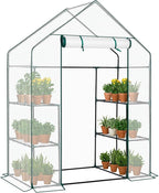 Outvita Walk-in Greenhouse, Outdoor Durable PE Plant Green House for Frost Protection with 3 Tiers 4 Shelves, Shelf Clips, Roll-up Zipper Door, 56"x29"x77" White