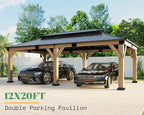 AMERLIFE 12x20 ft Hardtop Gazebo, Spruce Wood Gazebo with Iron Double Roof, Outdoor Pergola with Wood Frame for Garden, Porch, Patio, Charcoal Gray + Brown Gray