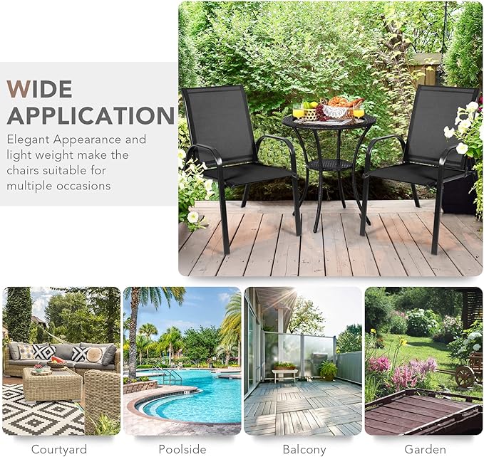 Tangkula 4 Piece Patio Dining Chairs, Outdoor Bistro Chairs W/Curved Armrests, Easy-to-Dry Fabric, Reinforced Steel Frame, Wide & Comfortable Camping Chairs for Garden, Poolside, Backyard (2, Black)