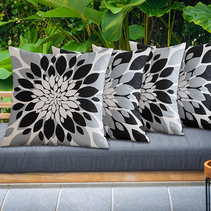 Qahing Pack of 4 Outdoor Waterproof Pillow Covers 16x16 Decorative Outdoor Throw Pillows Garden Square Cushion Cases for Patio Furniture, Couch, Tent Sunbrella, Bench, Black Grey
