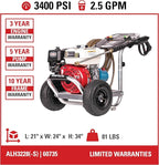 Simpson Cleaning 3400 PSI Gas Pressure Washer, 2.5 GPM Power Washer for Commercial Use, Honda GX200 Engine, 25-Foot Hose, Aluminum Series, 49-State (ALH3228-S)