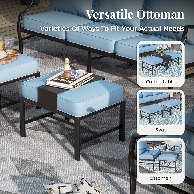 Patio Furniture Set 6 pcs, Outdoor Patio Furniture, 3-Seat Sofa, 2 Rocking Chairs, 2 Ottomans, Coffee Table and 5.75" Extra Thick Cushion, Patio Conversation Set for Backyard Deck,Blue