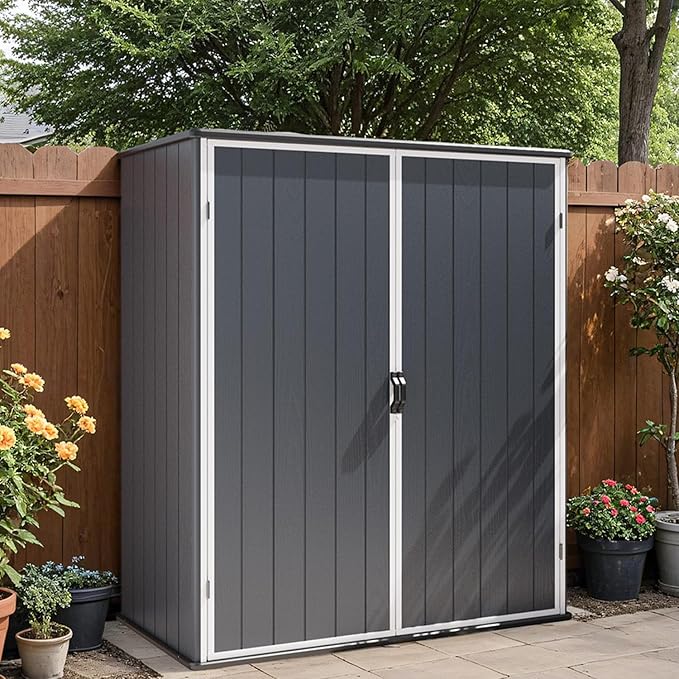 Patiowell Plastic Outdoor Storage Shed, 5 x 3 FT Patio Outdoor Storage Cabinet with Stable Roof & Lockable Doors, Waterproof Resin Shed for Tools, Patio Furnitrue Accessories, Dark Gray