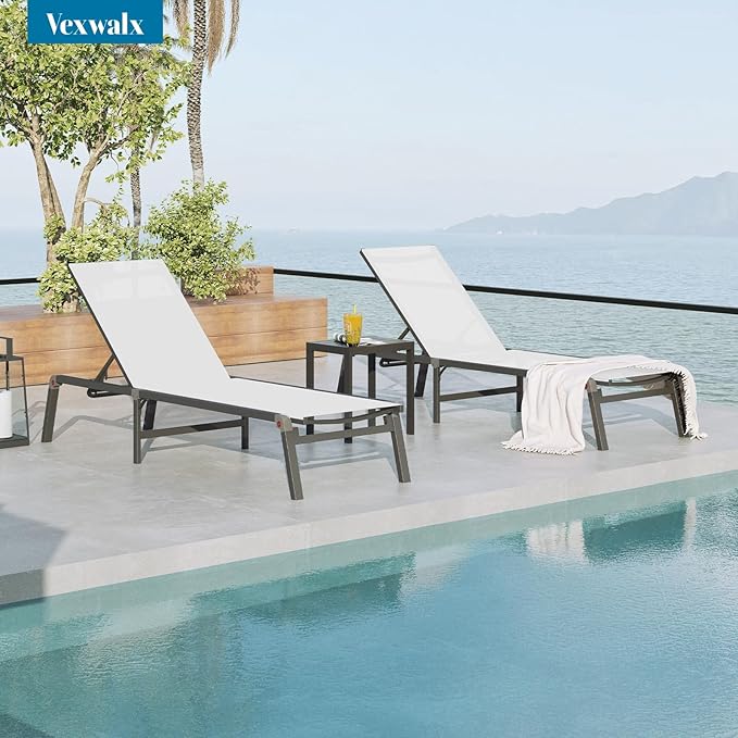Foldable Pool Lounge Chairs, Aluminum Chaise Lounge Outdoor with 5 Positions Recliner - Free Assembly - Patio Lounge Chair for Poolside, Beach (White)