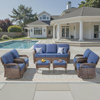 7 Pieces Patio Furniture Set Outdoor Sectional Sofa Couch with 4 Rocking Swivel Chairs 5" Deep Seat Chairs, Modern Wicker Rattan Conversation Set, Blue/Brown Wicker