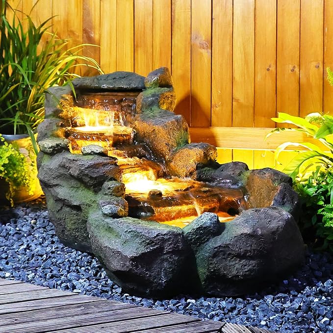 42.1" L Garden Water Fountain Outdoor, Floor Standing Mutiply Tiered Rock Outdoor Fountains with LED Lights and Pumps for Garden, Backyard, Porch, Patio and Home Art Decor