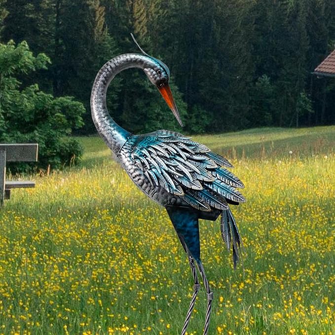 37 Inch Blue Heron Crane Statue, Metal Yard Art Outdoor Decoy, Garden Sculpture for Lawn/Pond Decoration, 1Pc, ORTBL-CR24053A-18
