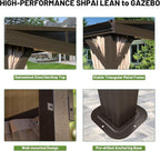 10x14FT Lean to Gazebo, Outdoor Hardtop Wall Mounted Gazebo with Gutter & Sloping Galvanized Steel Roof, Metal Frame Mount Gazebos with Netting & Curtain for Deck, Porch, Backyard