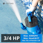 FOTING 2025Upgraded Automatic Sump Pump, 3/4HP 4300GPH Sweage Pump for Basement & Pool Draining, Submersible Water Pump with Float Switch, Sealed Thermoplastic for Puddle Pool Tub Pond