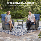 Patio Swivel Chairs with Smile-Shaped Cushions, 3 Piece High Back Patio Swivel Glider Chairs with Side Table 3PCS PE Rattan Luxury Swivel Patio Chair Set | Grey Wicker - Blue Cushions