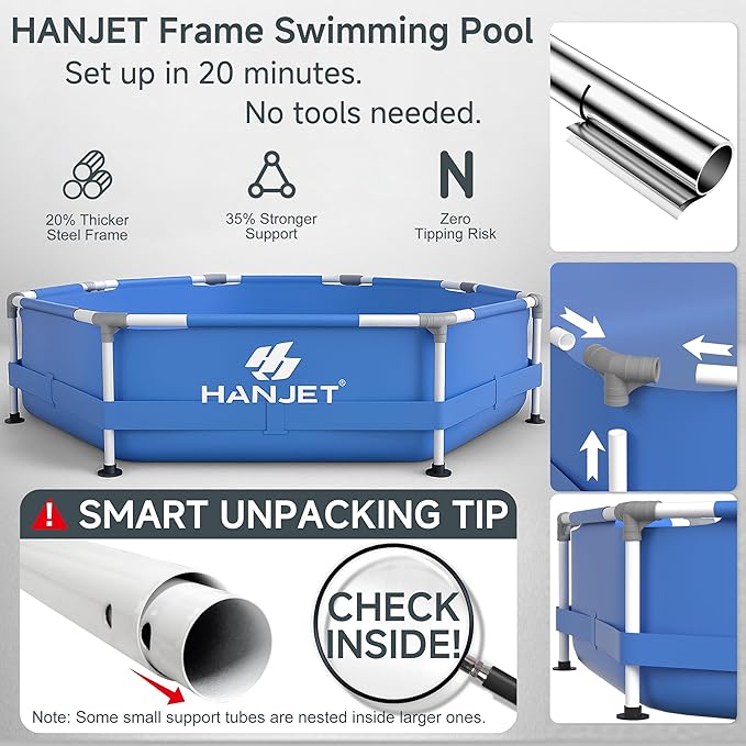 Above Ground Pools Family Swimming Pool for Outdoor Backyard with Pool Cover and Pool Mat: 8ft x 20in - Odor-Free Eco PE Material, Reinforced Steel Frame