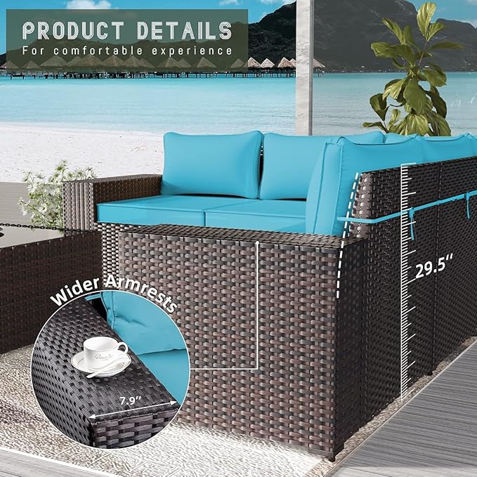 Outdoor Patio Furniture Set, 6 Pieces Outdoor Furniture All Weather Patio Sectional Sofas PE Wicker Modular Conversation Sets with Coffee Table,5 Chairs & Seat Clips Turquoise Blue.