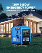2450-Watt Portable Inverter Generator for Home Use, 1.6Gallon Large Fuel Tank Up to 8.3 Hours Use, 120V Gas Powered Generator Super Quiet - EPA Compliant