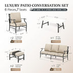 HERA'S HOUSE 6 Piece Patio Furniture Set, 2 x Metal Cushioned Chair, 2 x Cushioned Ottoman, 1 x 3-Seat Sofa with Marbling Coffee Table, Outdoor Conversation Set for Lawn Garden Backyard
