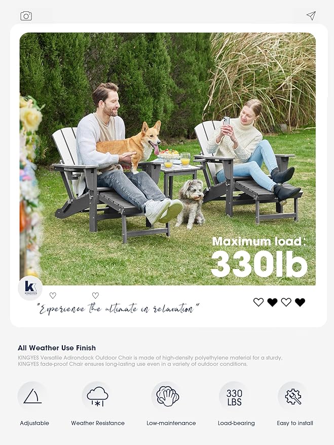 KINGYES Folding Adjustable Adirondack Chair with Retractable Ottoman, HDPE Weather Resistance Oversized Outdoor Chair with Cup Holder, Wood-Like Reclining Versatile Adirondack Chair, Grey