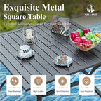 HERA'S HOUSE Metal Patio Table and Chairs Set for 4, Outdoor Dining Set 5 Pieces, 37" Square Table with Elegant Cushioned Armrest Chairs for Garden Backyard with 1.57" Umbrella Hole