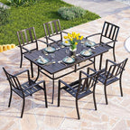 PHI VILLA 7 Piece Outdoor Dining Set for 6, 60” Rectangular Metal Steel Table with Umbrella Hole & Stacking Wrought Iron Chairs, Large Furniture Set for Patio, Deck, Yard - Black