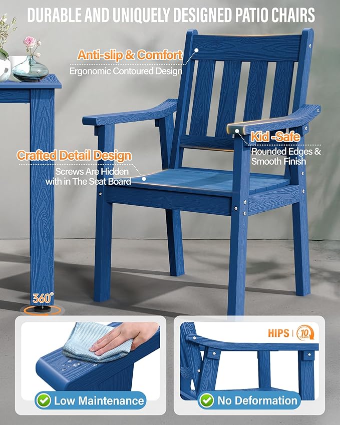 YEFU Patio Dining Chairs Set of 4: All Weather Outdoor Dining Chairs with Wide Curved Seat and Backrest - Outdoor Furniture Plastic for Outside Backyard/Garden/Porch/Deck 350lbs Capacity Blue