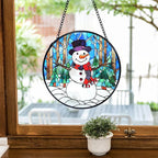 TNUW Snowman Christmas Stained Glass Window Hanging, Rustic Winter Xmas Snowman Sun Catchers Indoor Window Glass Round Wall Art Decor, Christmas Sculptures, Statues, Suncatchers, 7.9＂x7.9＂