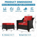 Vista Vibe 4 Pieces Outdoor Patio Conversation Furniture Set - 2 Luxurious Armchairs | 2 Wicker Ottomans, Removable Cushions, Hand-Woven PE Rattan, Office, Porch (Brown/Red)