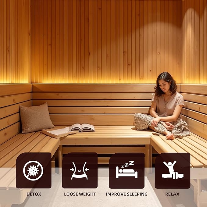 2 Person Outdoor Wooden Sauna Room,Canadian Cedar 220V 6KW Electric Stove Backyard Steam Sauna Kit with Light (Wood Color)